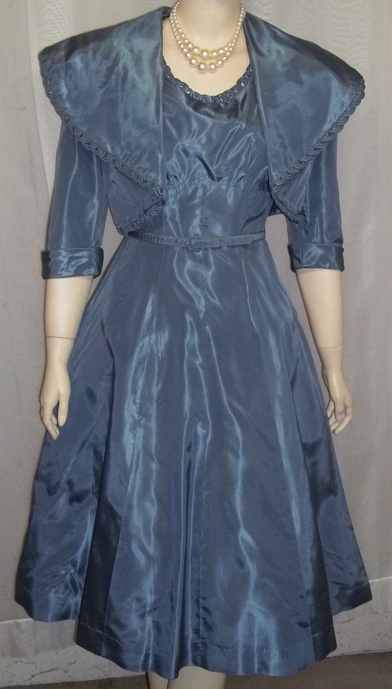 Vintage 1940's Leslie Fay Blue Taffeta Full Circl… - image 2