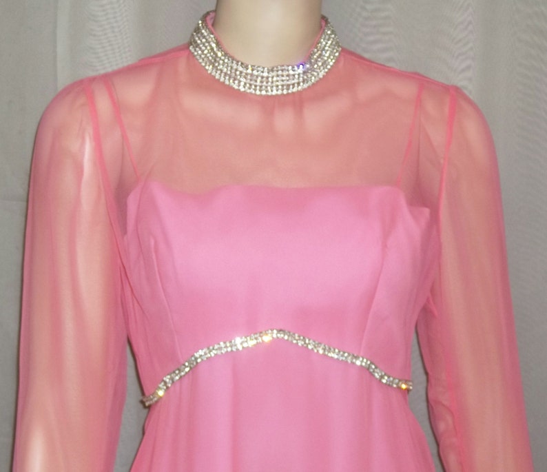 Vintage 1970/'s Long Rose Taft Couture Fashions PInk Rhinestone Maxi Dress Small