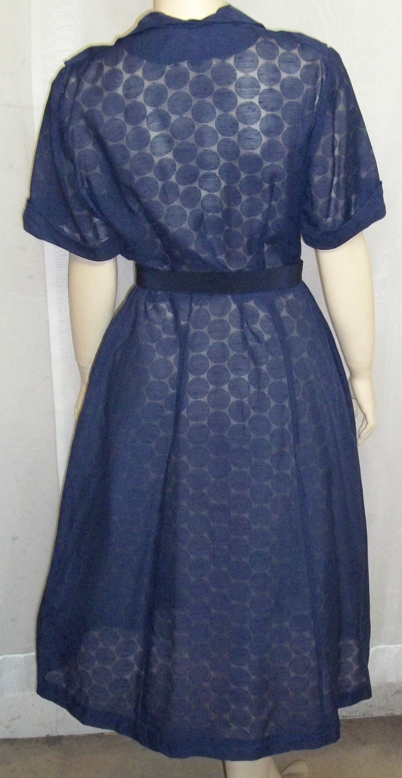 Vintage 1950s Navy Blue Sheer Career Church Dress Medium Large Rhinestone Buttons