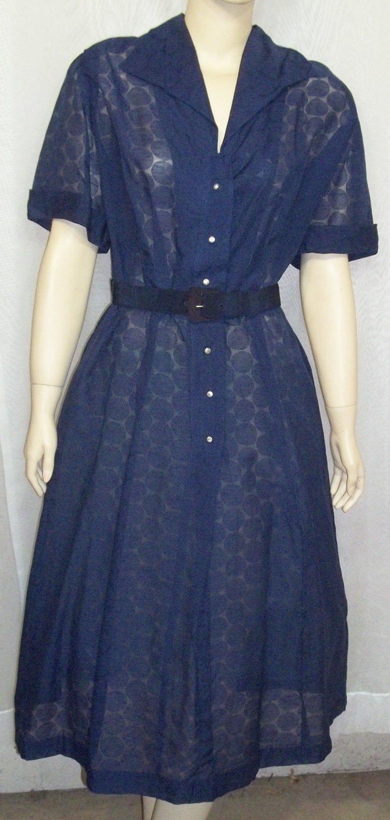 Vintage 1950s Navy Blue Sheer Career Church Dress Medium Large Rhinestone Buttons