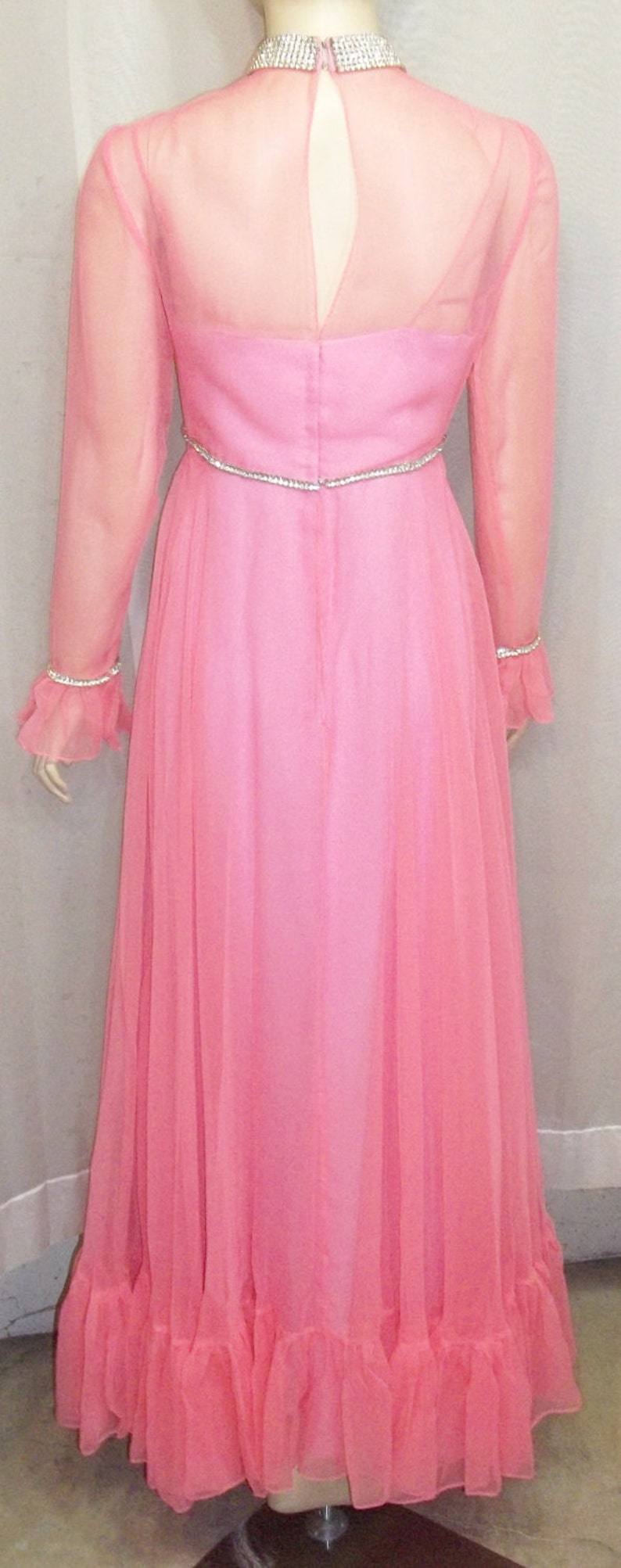 Vintage 1970/'s Long Rose Taft Couture Fashions PInk Rhinestone Maxi Dress Small