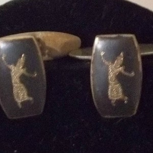 vintage Sterling Silver Siam Cuff Links Black Dancers Niello Thaïlande Boutons de manchette