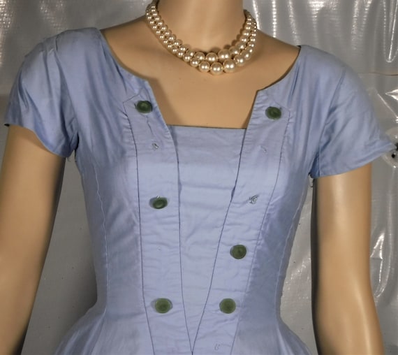 Vintage 1950’s Suzy Perette Blue Dress Full Skirt Small Sweetheart Neck Sailor
