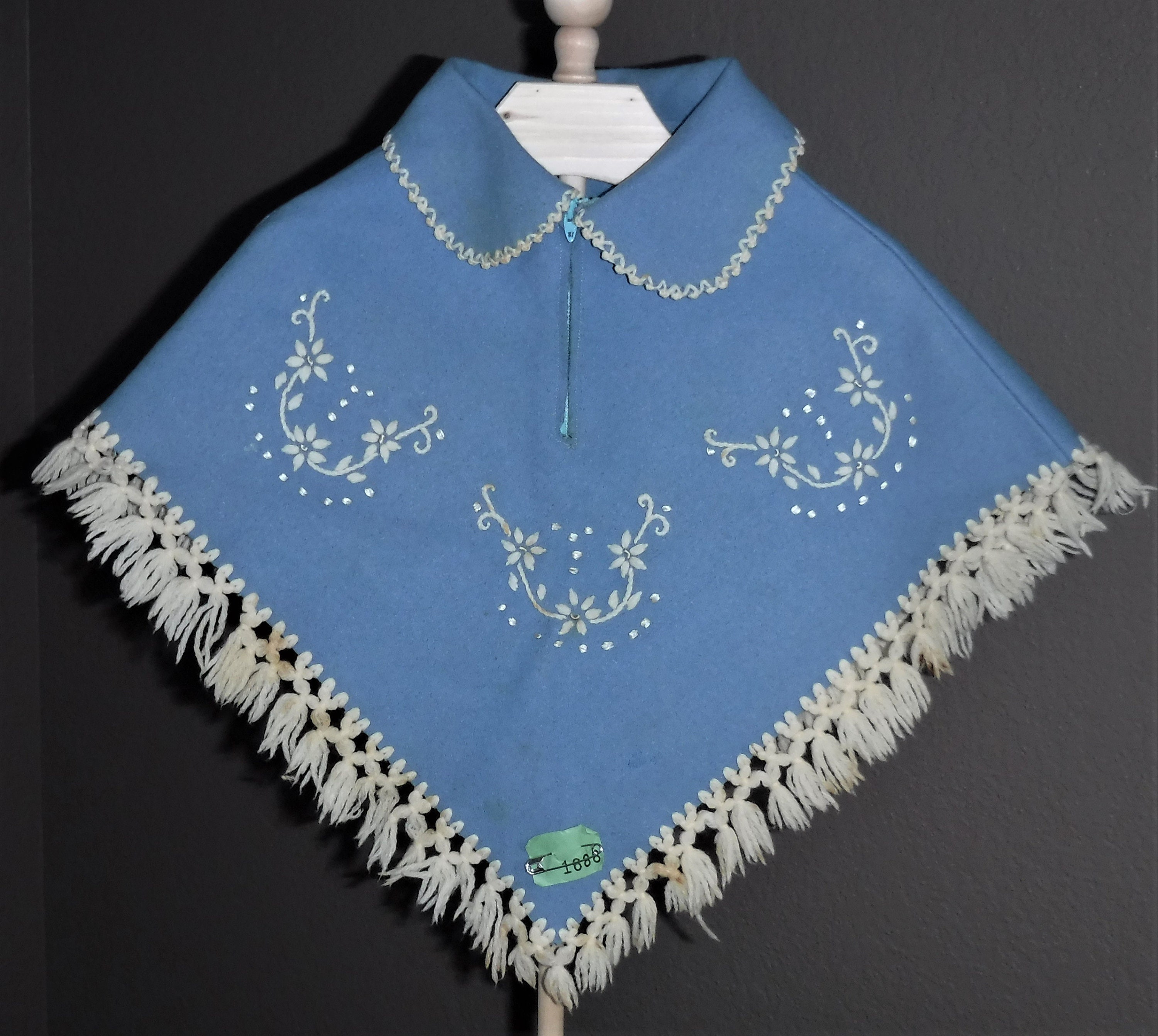Vintage Baby Infant Toddler Girls Poncho Blue Needlepoint Embroidered