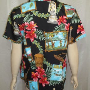 Vintage Women's Hilo Hattie Large Hawaiian Shirt Postcards Kamehameha ...
