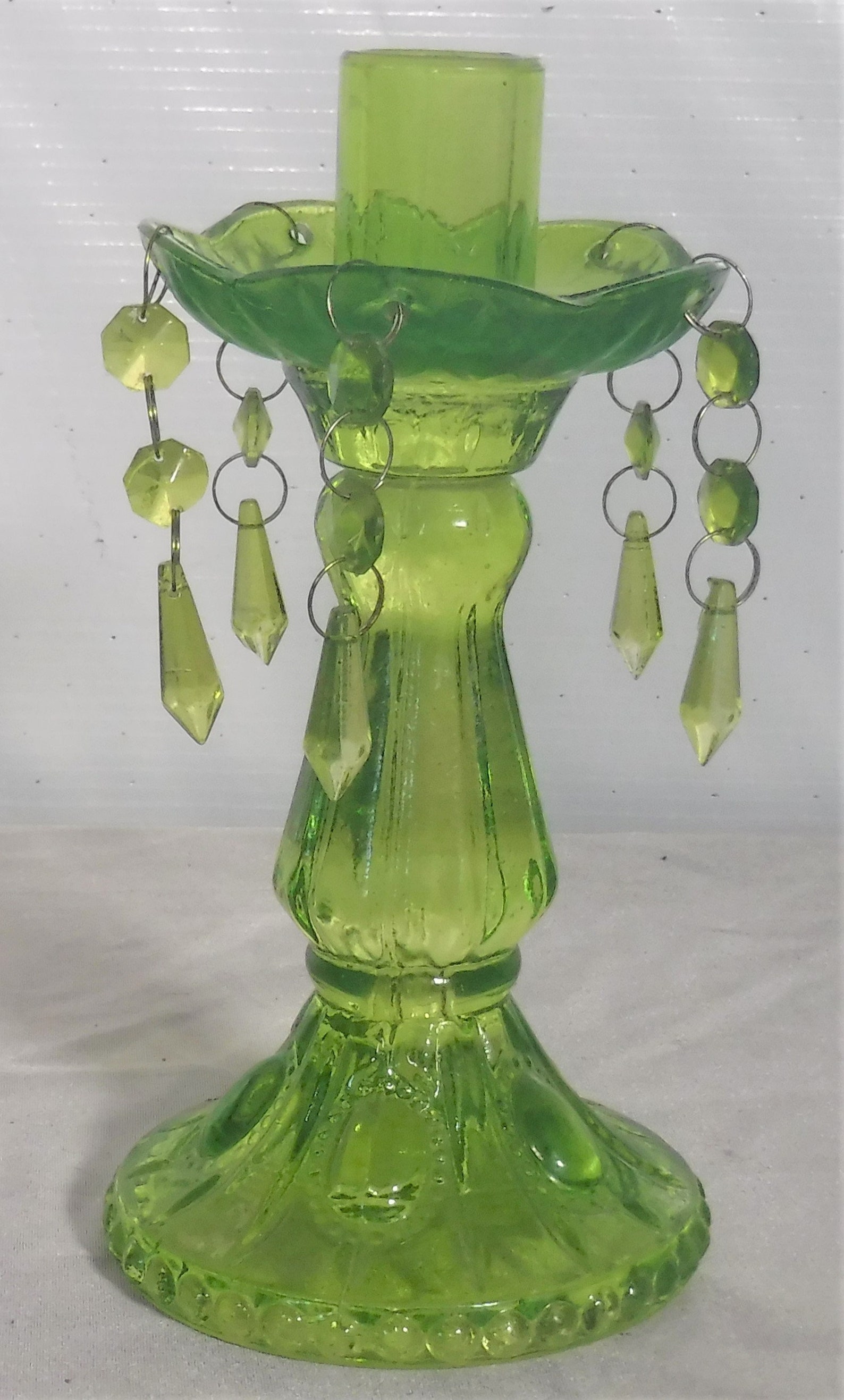 Vintage Antique Green Glass Candlestick Candle Holder Bobeche Prisms