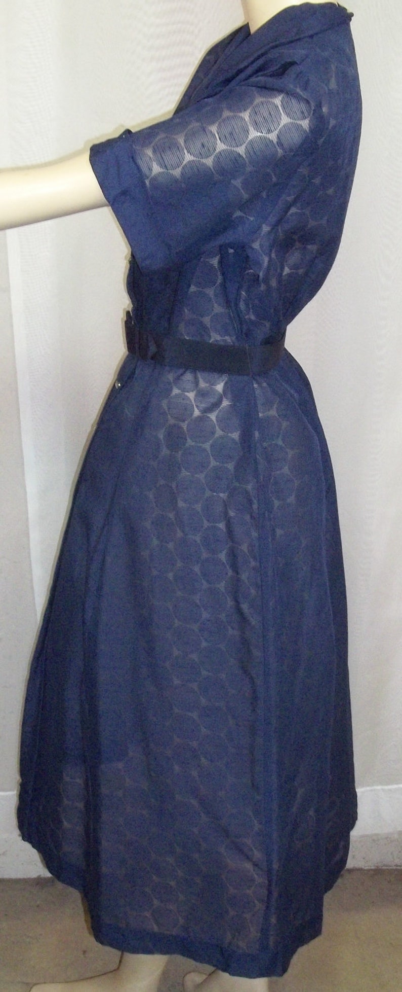 Vintage 1950s Navy Blue Sheer Career Church Dress Medium Large Rhinestone Buttons