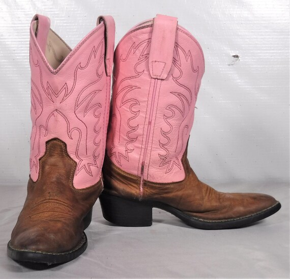 Vintage Justin Jeugd Meisjes Kinderen Pink Tan Lederen Cowboy Laarzen Maat 1 Two Tone Schoenen Meisjesschoenen Laarzen 