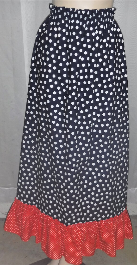 Vintage 1970s JR Bazaar Sears BOHO Long Skirt Polka Dot Red White Blue 13