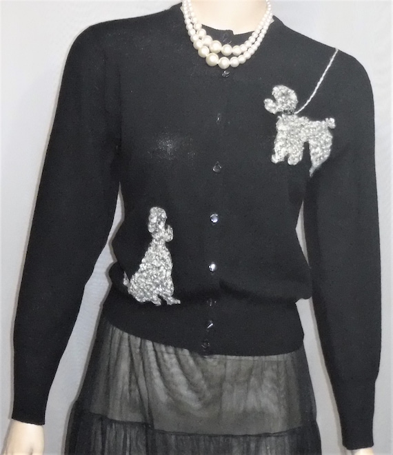 Vintage 1950's Poodle Knit Black Cardigan Sweater… - image 1