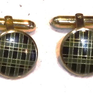 Vintage Holland & Sherry Enameled Tartan Plaid Gold Tone Cufflinks Cuff Links