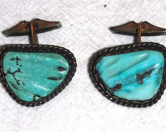 Vintage Sterling Silver Turquoise Cabochon Cuff Links Cufflinks