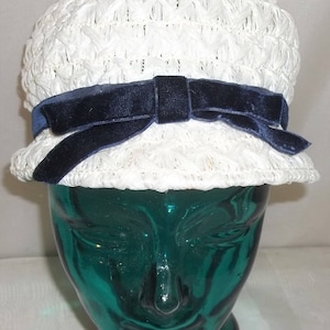 Vintage White Straw Raffia Bucket Cloche Hat Navy Velvet Ribbon