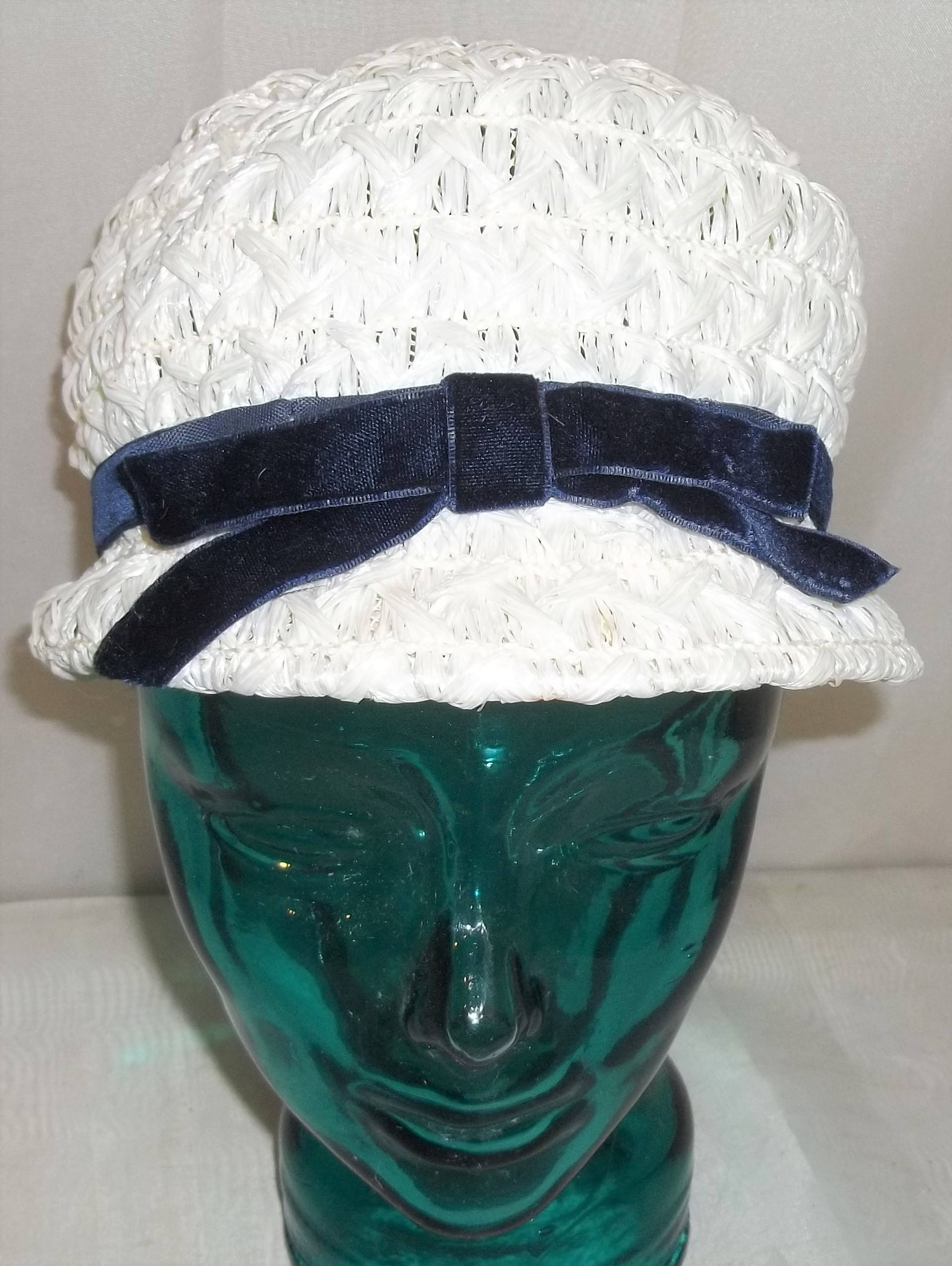 Vintage White Straw Raffia Bucket Cloche Hat Navy Velvet Etsy