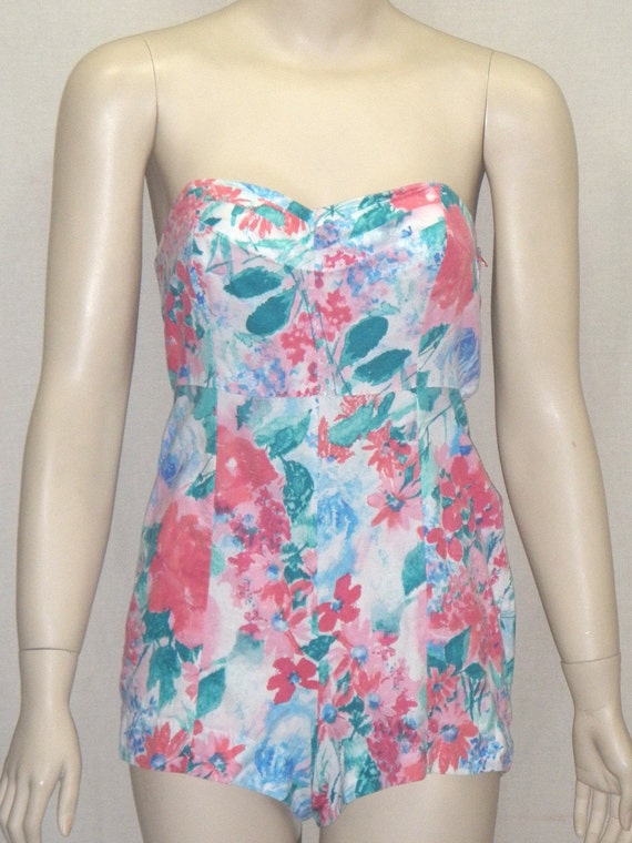 Vintage 1960's Strapless Playsuit Romper Tropical… - image 2