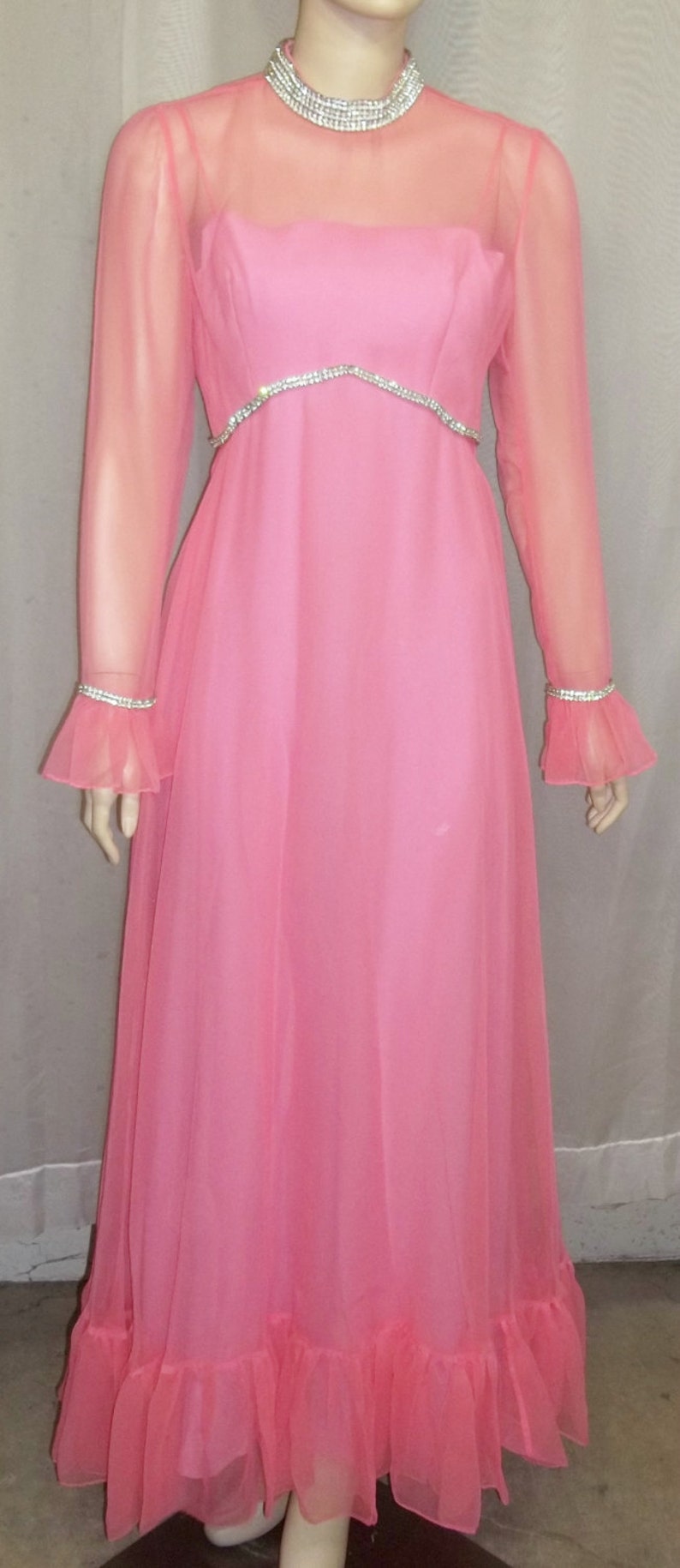 Vintage 1970/'s Long Rose Taft Couture Fashions PInk Rhinestone Maxi Dress Small