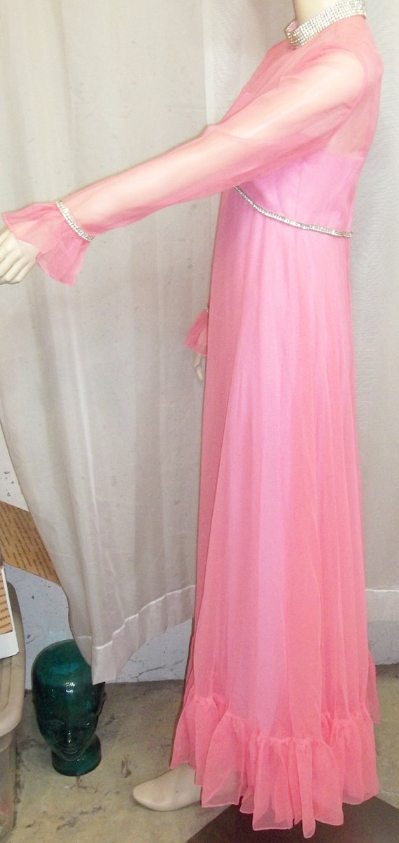 Vintage 1970/'s Long Rose Taft Couture Fashions PInk Rhinestone Maxi Dress Small
