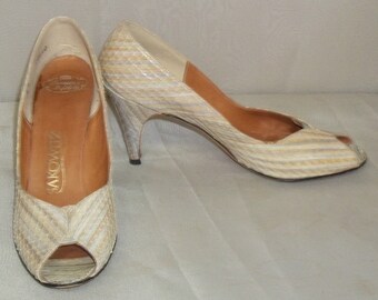 Vintage Sakowitz Schuhe Peep Toe Schlangenleder Pumps 6N High Heels Reptil Schlangenhaut