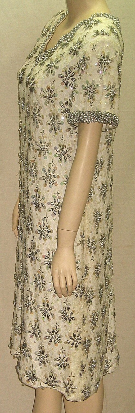 Vintage 1950's Glass Beaded Sheath Dress Medium/L… - image 4