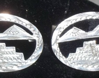 Boutons De Manchette Vintage Argent 925 Sterling Mexique - Motifs Pyramides Mayas - Occasion