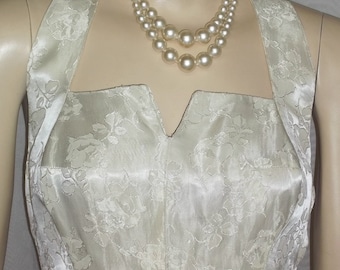 Vintage Peggi Original 1950s Ivory Halter Satin Brocade Dress Bolero Jacket Set Small Medium