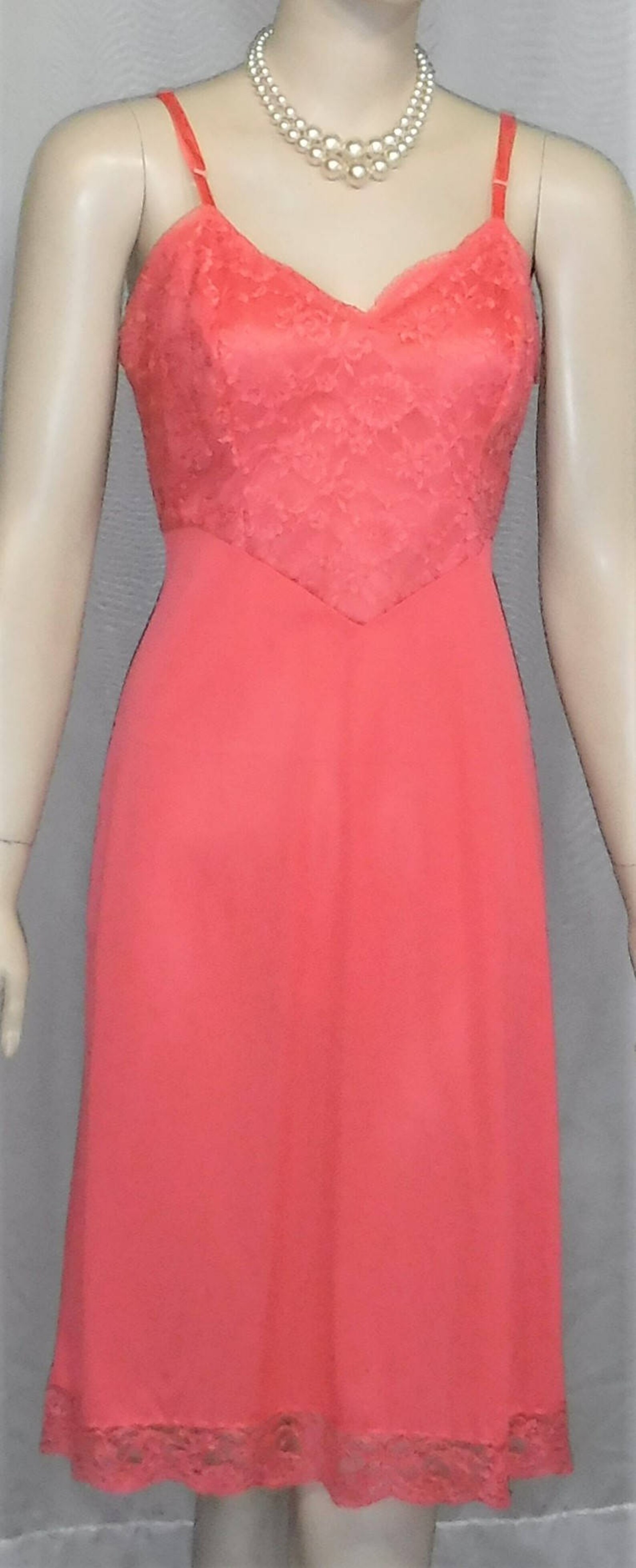 Vintage Vanity Fair Full Slip 34 Lace Nylon Chiffon Coral Watermelon Etsy