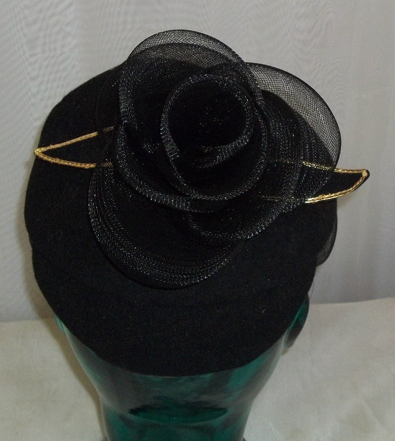 Anita Pineault Vintage Black Felt Bow Hat A red stunner! Anita Pineault felt 1970s fedora style hat  main image 2