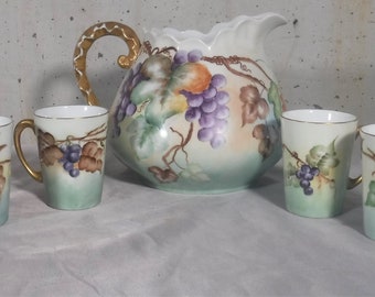 Antique Vintage Hand Painted Large Grape Pitcher 4 Cup Set