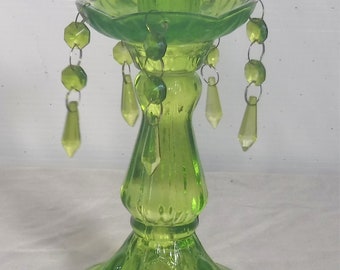 Vintage Antique Green Glass Candlestick Candle Holder Bobeche