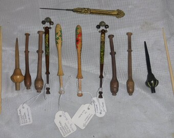 Lot of 10 LACE MAKING BOBBINS Wooden with Glass Beads Hand Painted Ireland and 3 Crochet Hooks