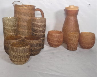 Vintage Spaghetti Drizzle String Pitcher Glass Tumbler Roly Poly 10 Pc Mid-Century Modern Tiki MCM