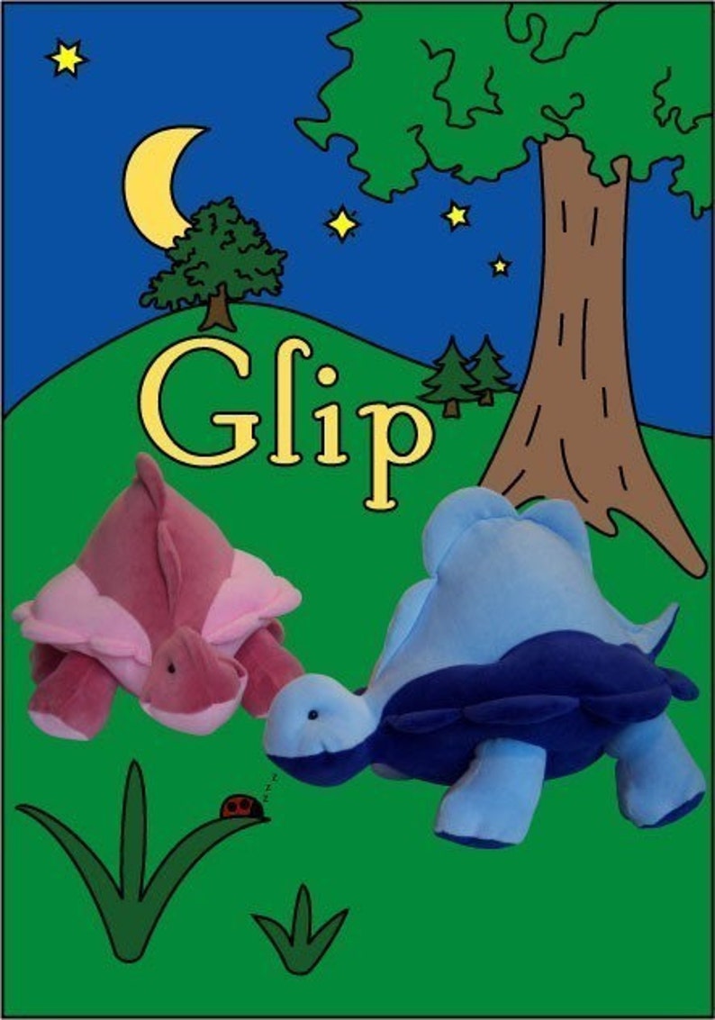 May include: Two plush turtle toys, one pink and one blue, are sitting on a green grassy field under a starry night sky. The word "Glip" is written in yellow letters on the hill behind the turtles. A ladybug is sleeping on a blade of grass.
