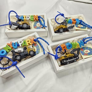 Construction Truck Keychain Party Favor: Custom Name, Stickers & Toy
