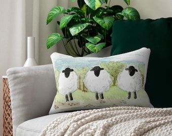 Watercolor Sheep Lumbar Pillow: Farmhouse Couch Cushion