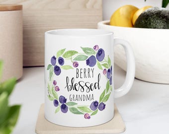 Berry Blessed Grandma Mug: Watercolor Blueberry Floral Coffee Cup