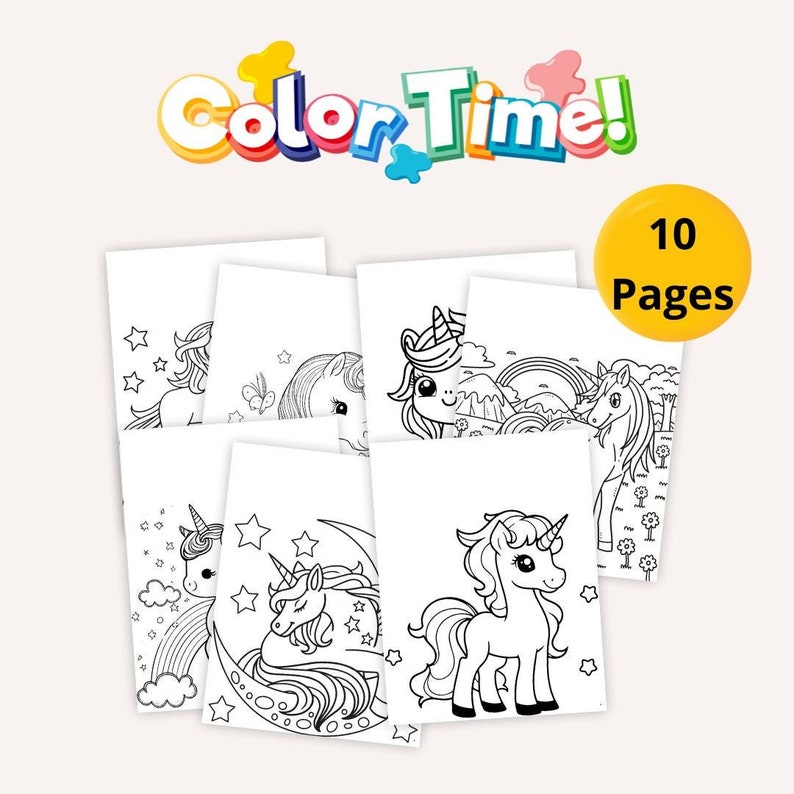 10 Unicorn Coloring Pages - Printable PDF, Instant Download for Kids ...