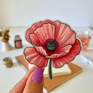 Pegatina de amapola rosa: vinilo impermeable, estilo jardín campestre