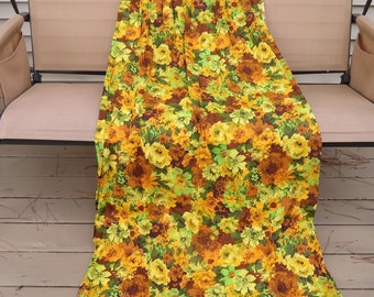 4 panels DRAPES, each 60" L 38" W, cotton, vintage fabric, vibrant abstract florals, yellow orange brown green, fully lined & pleated top