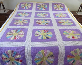 Vintage QUILT hand made, appliqued quilt patchwork 53.5" W, 88" L, cotton, mauve base, floral applique, 90% hand stitched, bedding, quilts