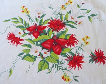 vintage Wilendur tablecloth, red flowers, floral, rectangular 51 L x 54 W inches, home decor, table linens, linens, 100% cotton, tablecloths