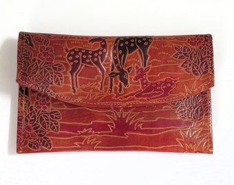 vintage tooled leather wallet with antelopes, reddish brown, tooled billfold with animal design