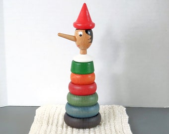 Vintage Pinocchio stacking toy, wooden stacking rings, made in Italy, hand-painted, 7 inches tall, wooden toys, vintage toy collector