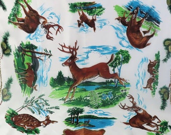 Silk scarf with deer doe fawn, OOAK scarf, nature, forest animals, hunting, bronze color painted edges and pine cones, vintage scarves, rare