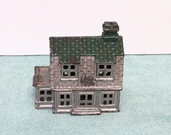 Vintage Cast Iron Bank, Colonial House, A.C. Williams 1910-1931, still bank, green roof, coin banks, collectible bank, coins & money