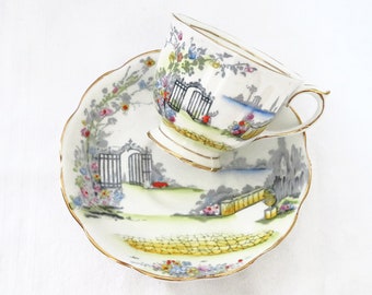 Vintage Crown Royal Albert teacup & saucer set, England, fine bone china, Rosedale, garden, garden gate, flowers, collectible tea cups