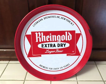 Vintage Rheingold Beer Tray, red and white, extra dry lager beer, vintage breweriana, 12 inches, beer serving trays, collectibles, man cave