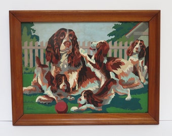 vintage finished paint by number picture framed Basset Hounds and puppies Dog Painting wall decor