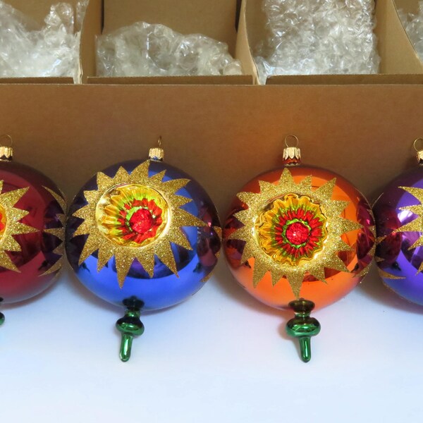 4 large Polish Glass Ornaments, original box, hand blown glass Poland, Sunburst Reflector, triple indents, 4.5" tall, Christmas tree decor