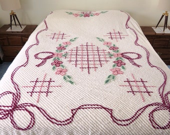 Vintage CHENILLE bedspread, queen size bed, 89" x 101", all cotton, off-white with purple pink green flowers & ribbons, bedding, bedspreads