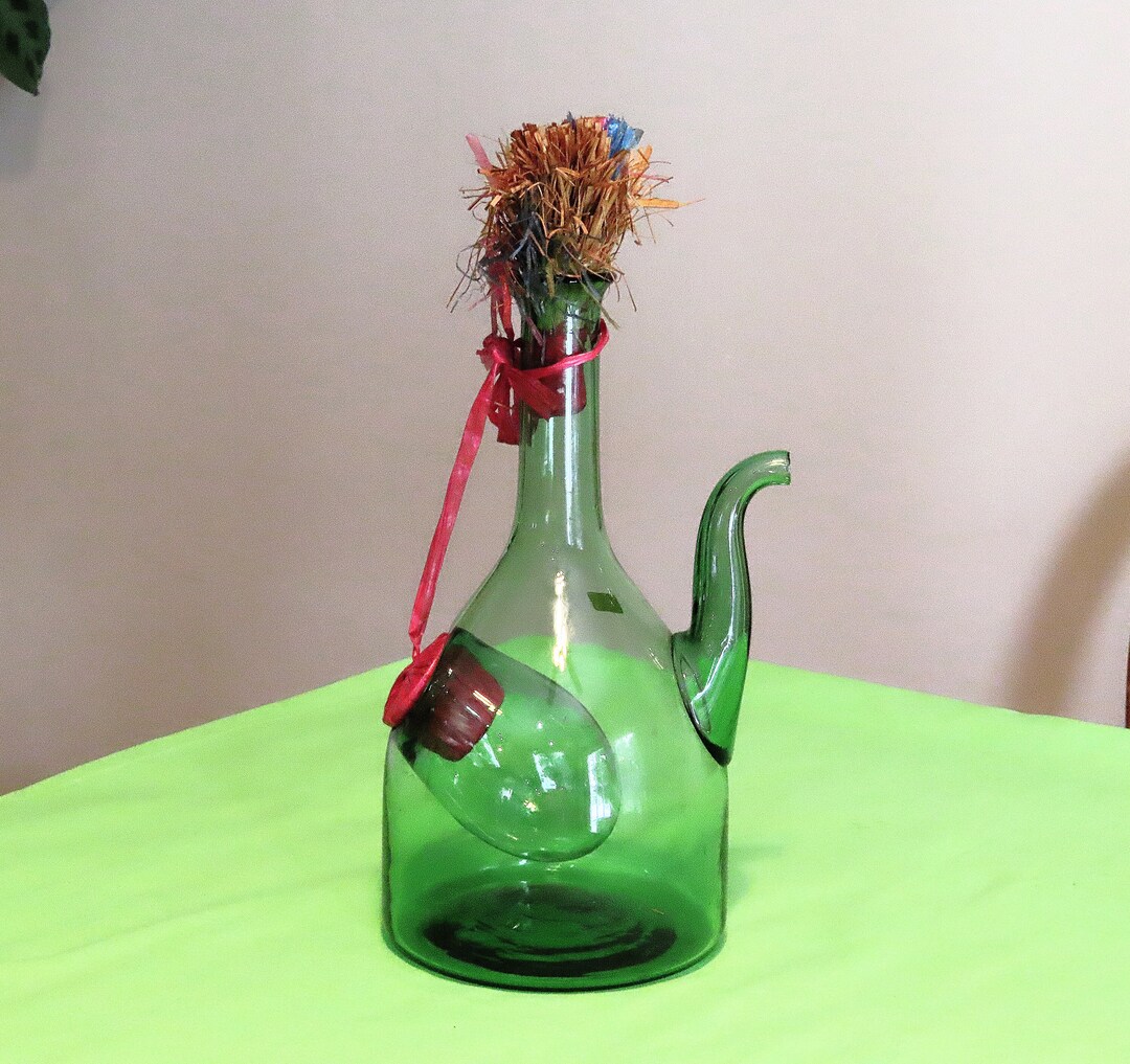 Vintage Green Wine Bottle, Green Handblown Bottle, Made in Italy
